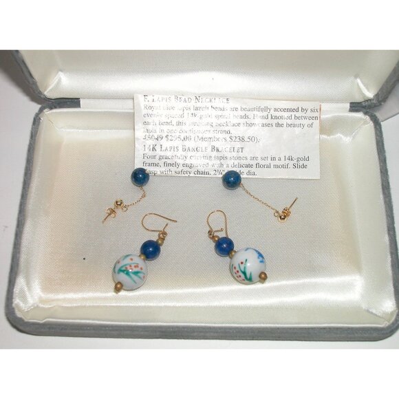 14K Gold Lapis Lazuli Necklace & 2 Pair Earrings Set With Hand-Painted Porcelain - Picture 7 of 7